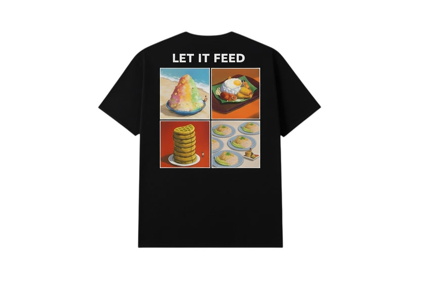 YEAR OF THE MONKEY Let It Feed black t-shirt featuring a four-panel food illustration graphic on the back
